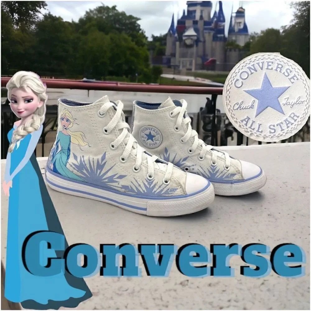 Converse All Star High Tops Junior 3 Disney Frozen White Elsa Glitter